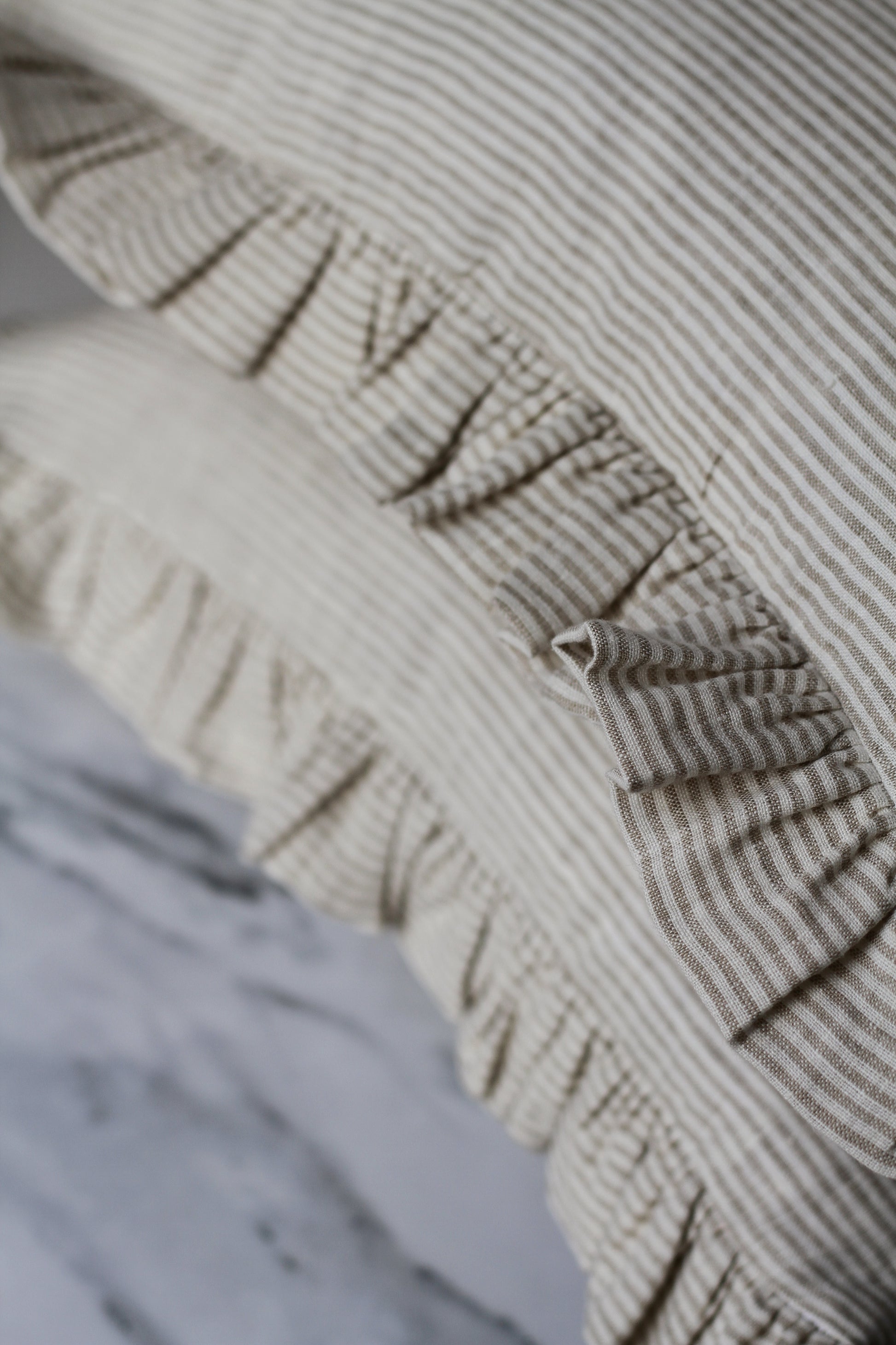 natural striped frilled linen cushion cover and duck feather inner 