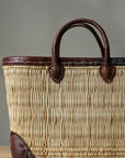 palm leaf box shopping bag with dark leather trim
