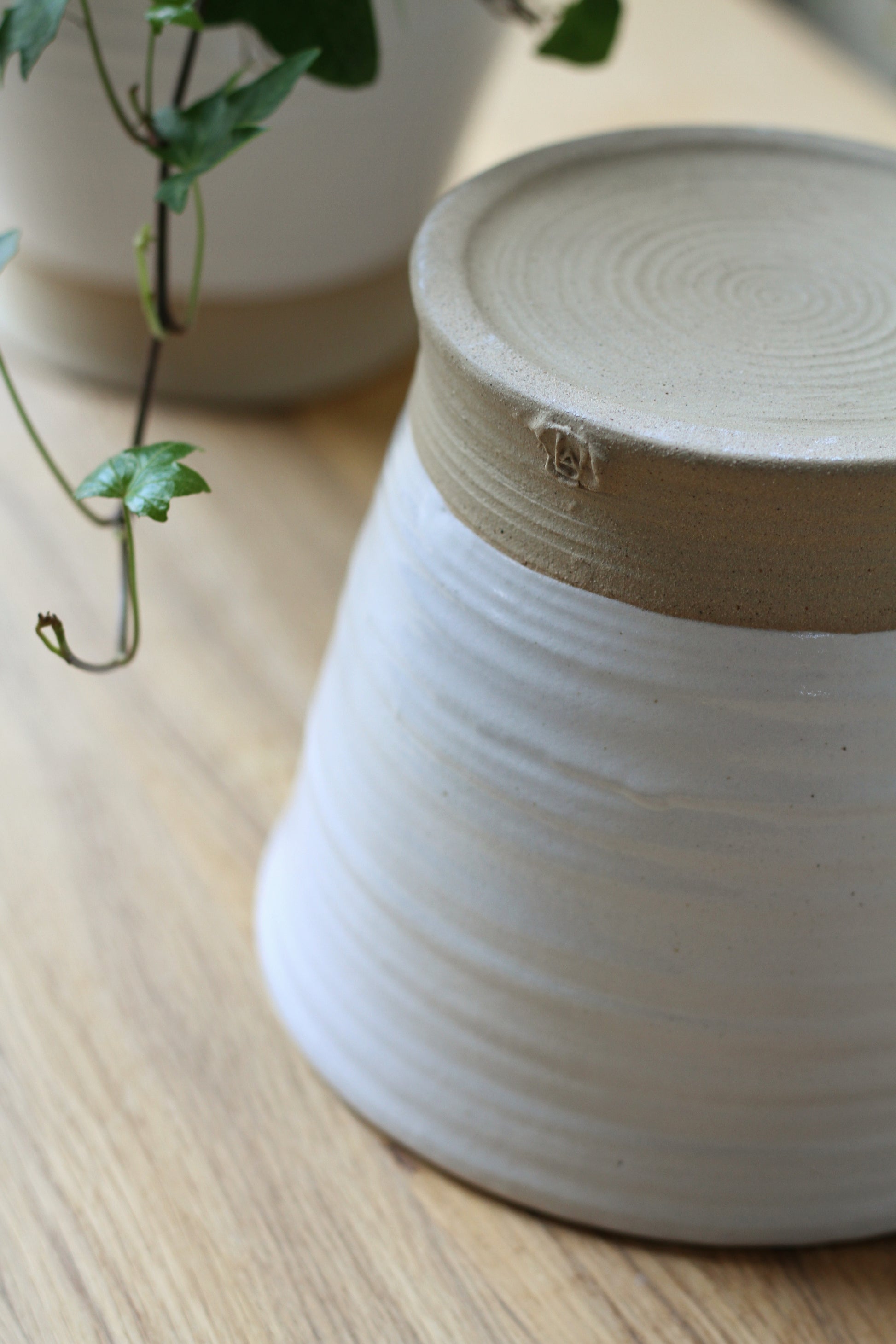 philip magson wheel thrown plant pot, made from stoneware with a half satin white glaze